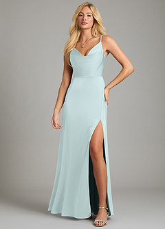 Azazie Sarella Vestidos de damas de honor Vestido de Vidrio Marino de Satén Elástico de Corte en A con Plisado image4