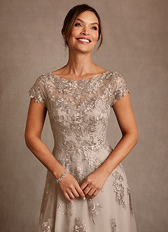 Azazie Jalinda Mother of the Bride Dresses Taupe A-Line Lace Chiffon Dress image5