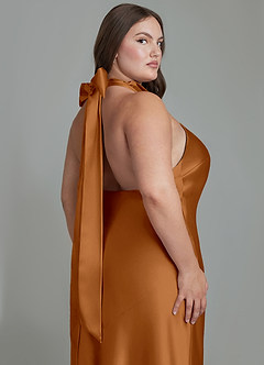 Azazie Velli Bridesmaid Dresses Copper Sheath High Neck Metallic Satin Dress image14