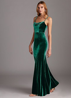 Azazie Solange Bridesmaid Dresses Emerald Sheath Pleated Velvet Dress image4