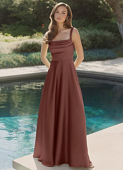 Azazie Shaude Bridesmaid Dresses Espresso A-Line Pleated Stretch Satin Dress image4