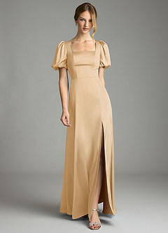 Azazie Fyona Bridesmaid Dresses Gold A-Line Pleated Stretch Satin Dress image7