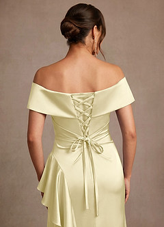 Azazie Kirsty Mother of the Bride Dresses Lemon Sorbet Sheath Off the Shoulder Stretch Satin Dress image6