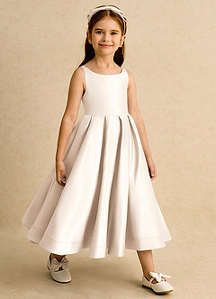 Azazie Babs Flower Girl Dresses White Alabaster Ball-Gown Pleated Matte Satin Dress image4