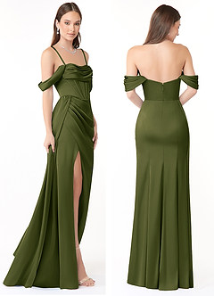 Azazie Amyra Vestidos de damas de honor Vestido Oliva Brillante de Satén Elástico de Corte Sirena Convertible con Hombros descubiertos image8
