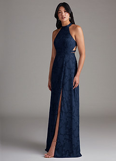 Azazie Clarice Bridesmaid Dresses Dark Navy A-Line Side Slit Floral Burnout Dress image3