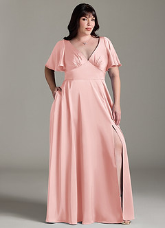 Azazie Kimber Bridesmaid Dresses Powder Pink A-Line Ruched Stretch Satin Dress image3