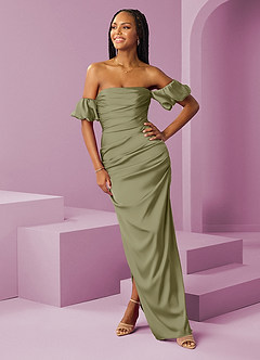 Barbie ♥ Azazie Bridesmaid Dresses Pistachio Sheath Off the Shoulder Stretch Satin Convertible Dress image3