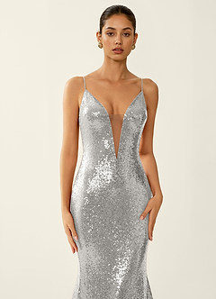 Astraea Silver Sparkly V-neck Open Back Mermaid Prom Dress image5