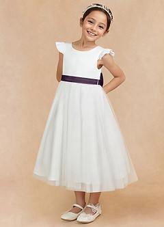 Azazie Hemi Flower Girl Dresses Ivory Plum A-Line Bow Tulle Dress image2