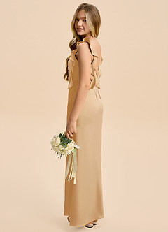 Azazie Jessamine Junior A라인 러칭 스트레치 새틴 플로어 길이 주니어 브라이즈메이드 드레스 image5