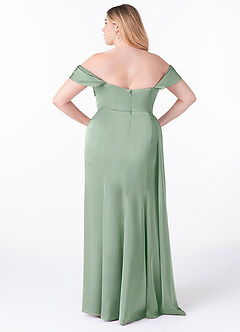 Azazie Amyra At-home Try On Dresses Agave Sheath Off the Shoulder Stretch Satin Convertible Dress image11