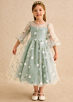 Azazie Elowen Robe Demoiselle D'honneur Fillette Robe Trapèze en Dentelle Encolure en Forme de Cœur Vert Sauge image1