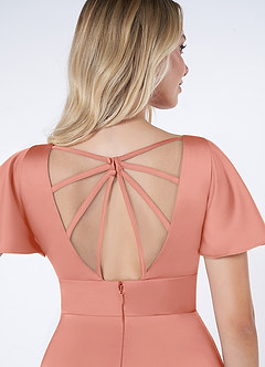 Azazie Lani Bridesmaid Dresses Coral A-Line Flounce Sleeve Stretch Satin Dress image3