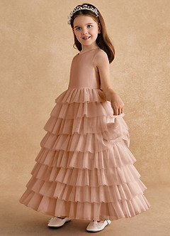 Azazie Twinkle Toes Flower Girl Dresses Champagne Rose A-Line Bow Tulle Dress image4