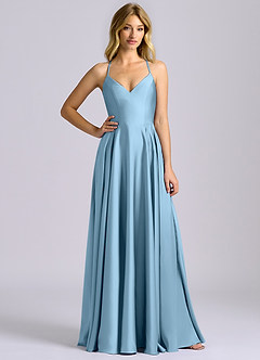 Azazie Truce Bridesmaid Dresses Steel Blue A-Line Stretch Satin Dress image3