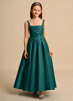 Azazie Mochi Girls Formal Robe Demoiselle D'honneur Fillette Robe Princesse en Mat Satiné Plissée Paon image1