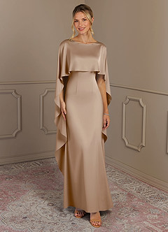 Azazie Eli Mother of the Bride Dresses Taupe Sheath Boatneck Stretch Satin Dress image1