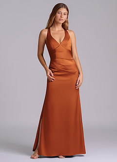 Azazie Amelie Bridesmaid Dresses Cinnamon A-Line Pleated Stretch Satin Dress image1