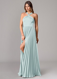 Azazie Afra Bridesmaid Dresses Mist A-Line Pleated Stretch Satin Dress image4