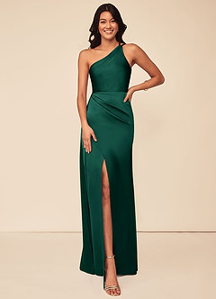 Azazie Maron Bridesmaid Dresses Emerald A-Line One Shoulder Stretch Satin Dress image1