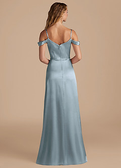 Azazie Ocean Bridesmaid Dresses Dusty Blue A-Line Off the Shoulder Metallic Satin Dress image2