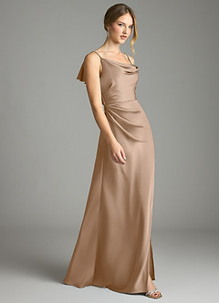 Azazie Eirene Venta Final Vestido de Gris Pardo de Satén Elástico de Corte Recto con Plisado image4