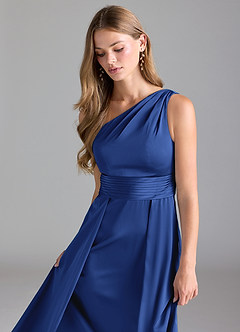 Azazie Dallas Vestidos de damas de honor Vestido de Azul Real de Satén Elástico de Corte en A con Hombro unilateral image6