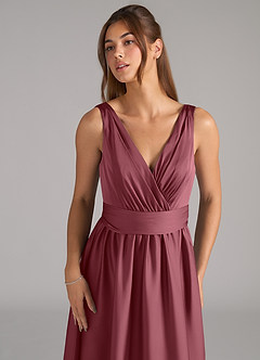 Azazie Kora Bridesmaid Dresses Desert Rose A-Line Pleated Stretch Satin Dress image7