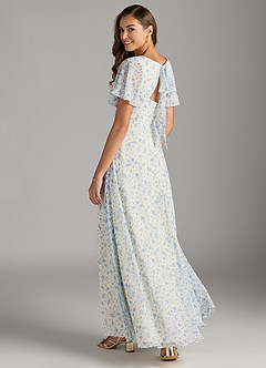 Azazie Kimber Bridesmaid Dresses Blue And White Ditsy Floral A-Line Flounce Sleeve Chiffon Dress image6