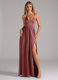 Azazie Aaida 신부 들러리 드레스 A라인 코르셋 스트레치 새틴 바닥 길이 드레스 image1