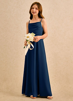 Azazie Chamomile Girls Formal Blumenmädchenkleider A-Linie Plissee Stretch-Satin Kleid Dunkelmarine image3