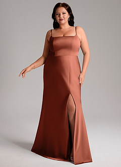 Azazie Lidia Bridesmaid Dresses Clay Mermaid Side Slit Stretch Satin Dress image3