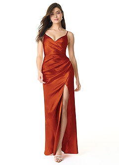 Azazie Sukia Bridesmaid Dresses Paprika Mermaid Pleated Metallic Satin Dress image1