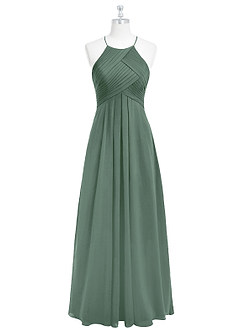 Azazie Ginger Vestidos de damas de honor Vestido de Eucalipto de Gasa de Corte en A con Halter Plisado image6