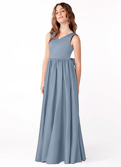 Azazie Hathaway Junior Dusty Blue A-Line Bow Matte Satin Dress image4