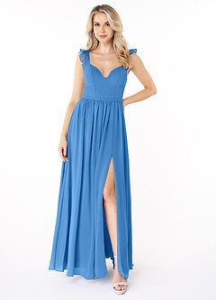 Azazie Stassie Robes de demoiselle d'honneur Robe Trapèze en Mousseline de soie Décolleté froncé Geai Bleu image1