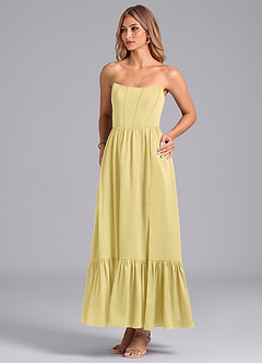 Azazie Leilana Bridesmaid Dresses Lemon Sorbet A-Line Corset Stretch Satin Dress image5