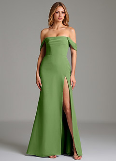 Azazie Riley Essayer des robes à la maison Robe Fourreau Convertible en Mousseline de soie Épaule décolletée Basilic image4