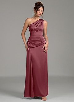 Azazie Zahira Robes de demoiselle d'honneur Robe Fourreau en Satin extensible Une épaule Rose Du Désert image4