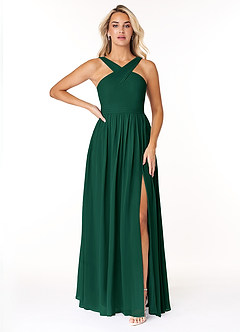 Azazie Elvira Bridesmaid Dresses Emerald A-Line Pleated Chiffon Dress image1