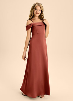 Azazie Anselie Junior Jurk van Stretch Satijn met A-Lijn Off the Shoulder Terracotta image5