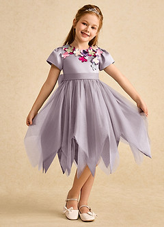 Azazie Janna Flower Girl Dresses Dusk A-Line with Sleeves Matte Satin Dress image1
