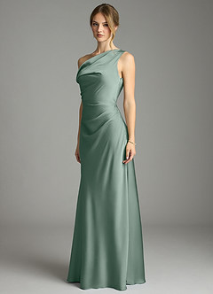 Azazie Emerson Bridesmaid Dresses Silver Sage Mermaid Off the Shoulder Stretch Satin Dress image2