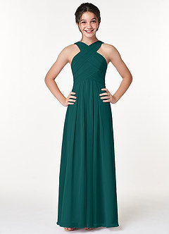 Azazie Kaleigh Junior A-Linie Plissee Chiffon Kleid Pfau image1