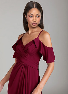 Azazie Dakota Robes de demoiselle d'honneur Robe Trapèze en Satin extensible Épaule décolletée Bourgogne image5