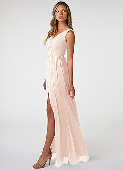 Azazie Tanicia Bridesmaid Dresses Blushing Pink A-Line V-Neck Pleated Mesh Dress image3