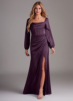 Azazie Charissa Bridesmaid Dresses Plum Sheath Long Sleeve Stretch Satin Dress image1