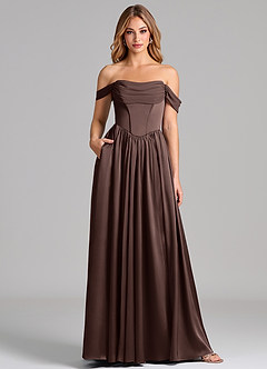 Azazie Raisa Bridesmaid Dresses Ganache A-Line Off the Shoulder Stretch Satin Dress image1