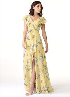 Azazie Omari Robes de demoiselle d'honneur Robe Trapèze en Mousseline de soie Sorbet Au Citron,Fleurs Du Nouvel An image4